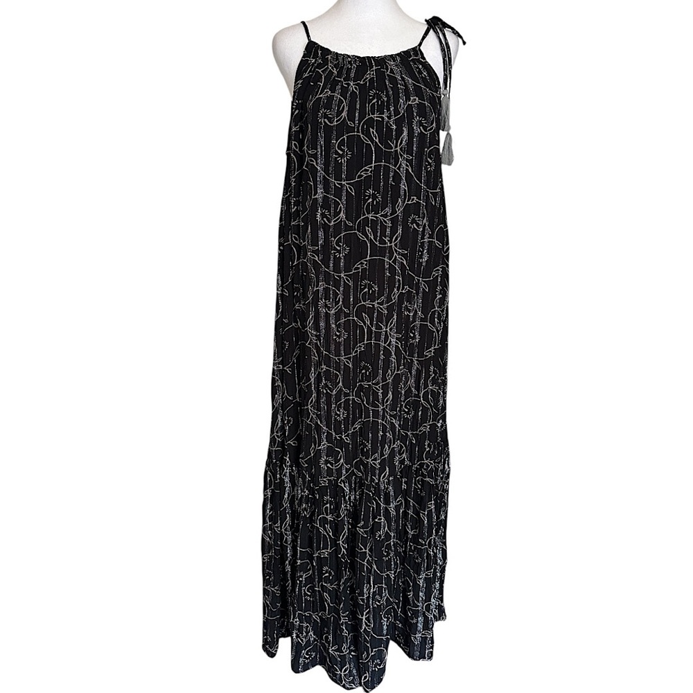 World Market Halter Maxi Dress Sz S/M Crepe Black Silver Metallic Tassel Ruffle